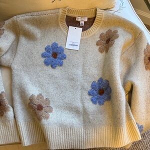 Current Air Cream Sweater with Blue and Brown Floral Accents